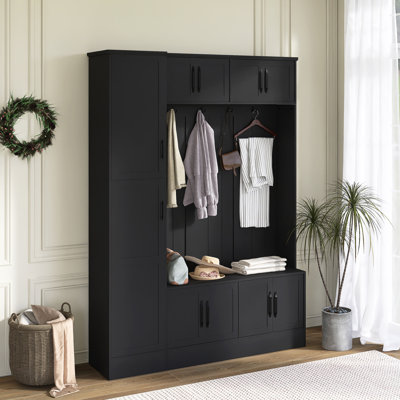 59" W Modern Hall Tree With 6 Cabinets, 4 Coat Hooks And Adjustable Shelf by Hokku Designs