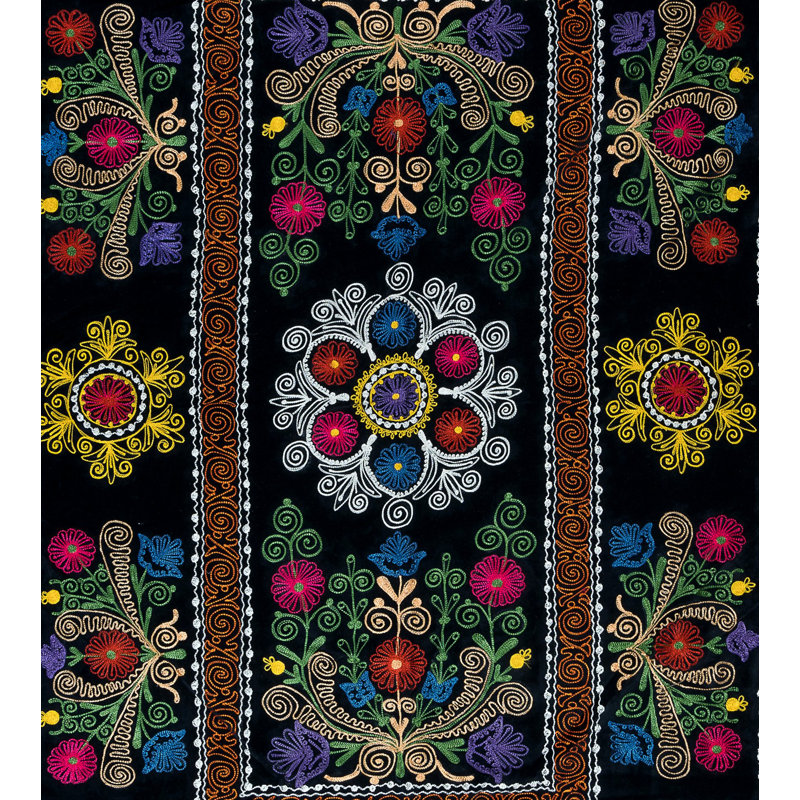 Housse de lit brodée en soie de 53 po x 81 po. Décoration murale fabriquée à la main de couleur noire, H 81 po x l 53 po