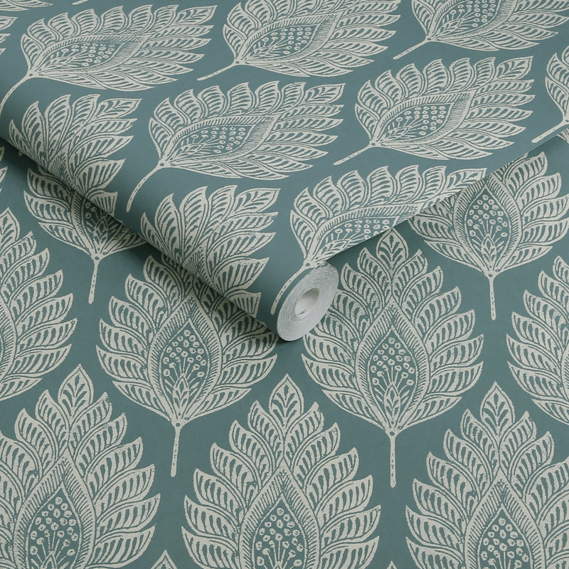  Papier peint flamme feuille sarcelle, Vert