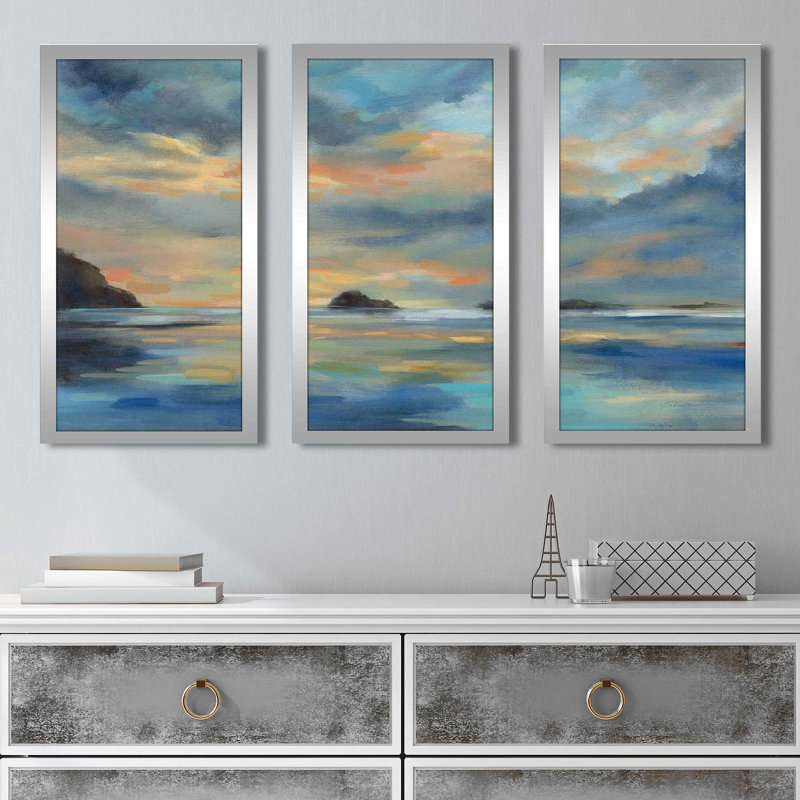 Coucher de soleil pacifique - peinture sur cadre 3 pièces, L 40,5 po x H 25,5 po x P 1 po