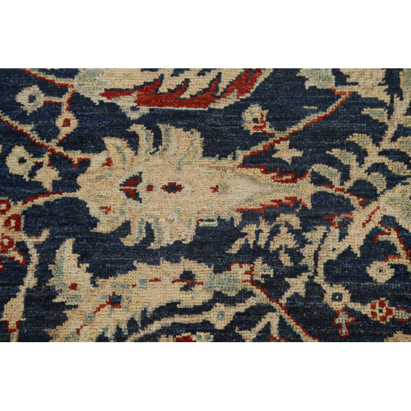 Tapis oriental unique en laine noué à la main de 6 pi 8 po x 9 pi 8 po de style oriental bleu marine / rouge / beige