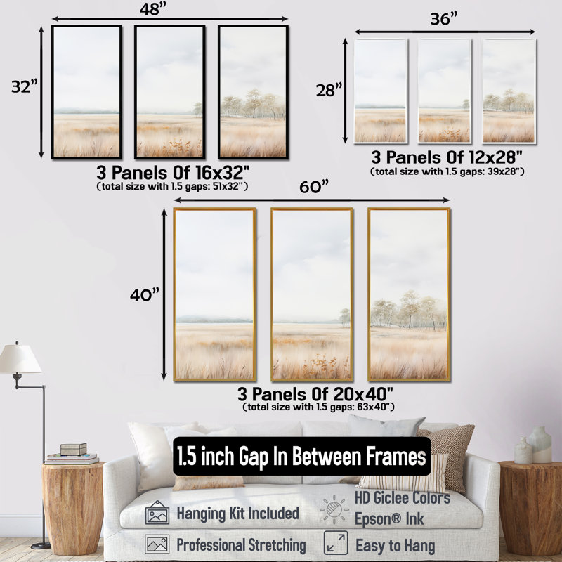«Meadow Scenery Minimalisme», ensemble d'art mural prairie, H 40 po x l 60 po x P 1 po, Cadre flottant blanc