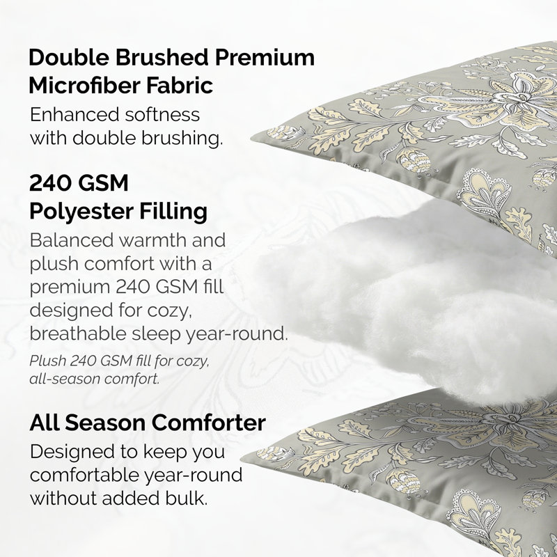 Ensemble d'édredon réversible surdimensionné à motif floral Southshore Fine Linens Vintage, Gris