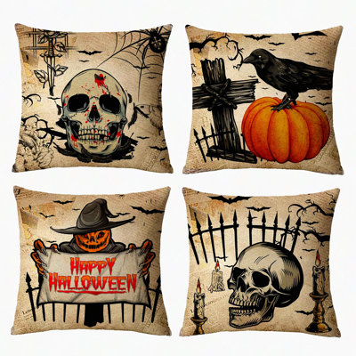 Vintage Halloween Pillow Covers Set - Skull Pumpkin Owl Crow Decorative Throw Pillow Cases - Home Outdoor Sofa Couch Cushion Covers - Set of 4