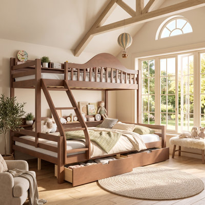 AVELOR Kids Bunk Bed with Storage Drawers & Side Shelves, Solid Wood Bunk Bed with Curved Guardrails, Fixed Ladder & Slat Support
