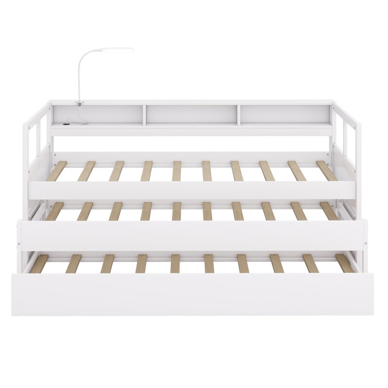 Wood Daybed With 2 Trundles, 3 Storage Shelves, 1 Light For Free And USB Charging, White