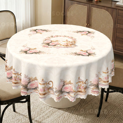 Teapot Floral Tablecloth with Scalloped Edge