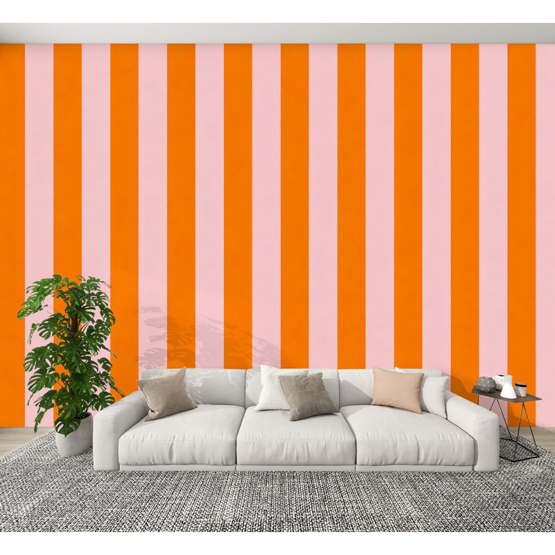 Décoration murale adhésive auto-adhésive pour bureau personnel Peel and Stick - H 100 po x l 144 po à rayures verticales orange et rose