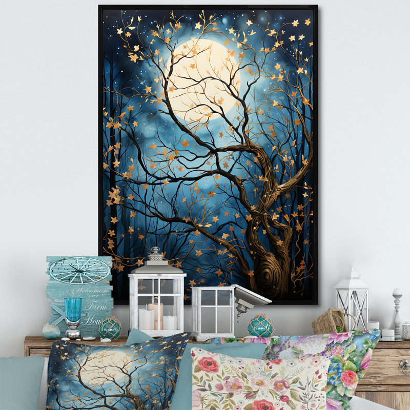 Arbre au clair de lune Silhouette I - paysage, impression d'art mural, H 20 po x l 12 po x P 1 po, Cadre flottant noir