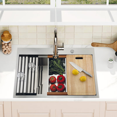 33" Drop-In Apron-Front Workstation Kitchen Sink, Thickened 304 Stainless Steel Deep Basin, Includes Cutting Board, Drain Rack & Colander