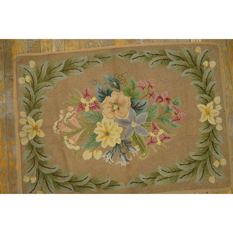 Small Size Cream Color Antique 1930 European Influenced Floral Inlay Design American Hooked Rug