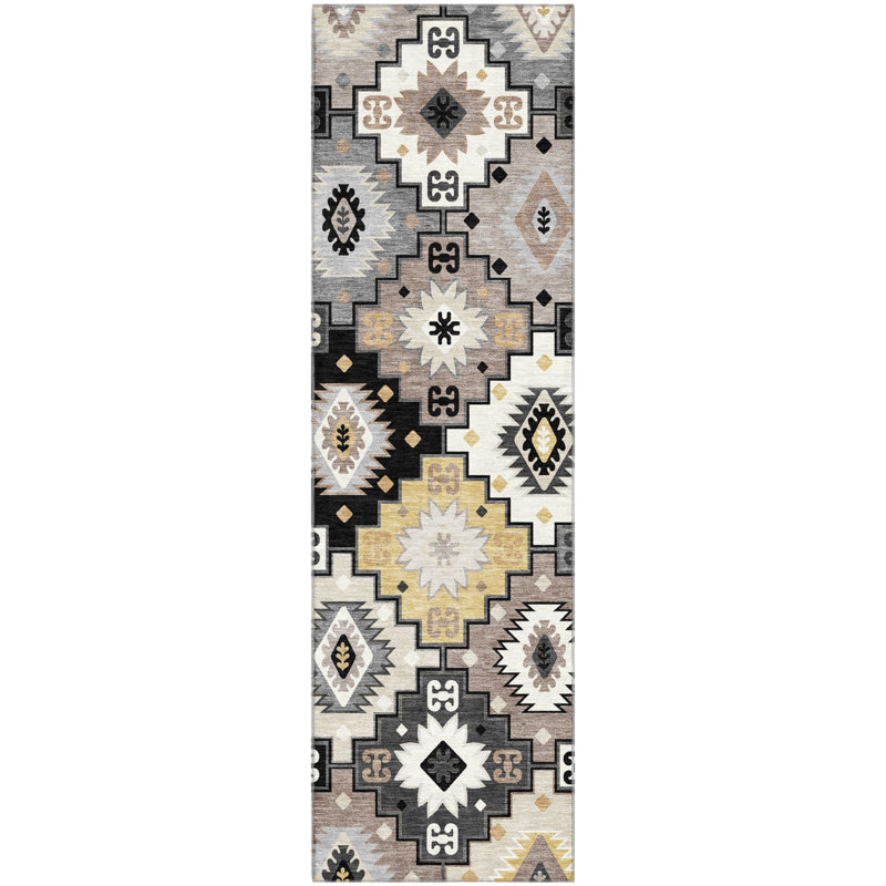 Premium Machine Washable Mayfield  Ethnic Rug, 2'3" x 7'6" Runner, Black
