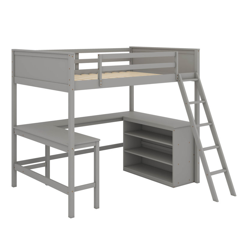 Lit mezzanine avec tablettes, bureau, Double, Gris