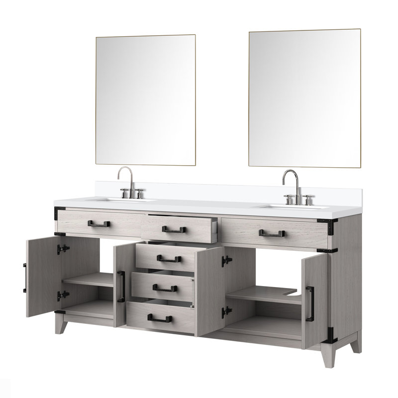 Ensemble de miroirs de salle de bain double 72 po x P 22 po Laurel, Marbre de culture blanc, Chêne gris