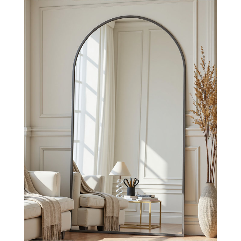 Arched Black Floor Mirror With Stand, 38x77 Inch Freestanding Full Body Mirror For Bedroom, Black, 82" x 44"