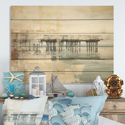 Minimal Watercolor Pier Horizon I - Coastal Pier Wood Wall Art On Natural Pine Wood