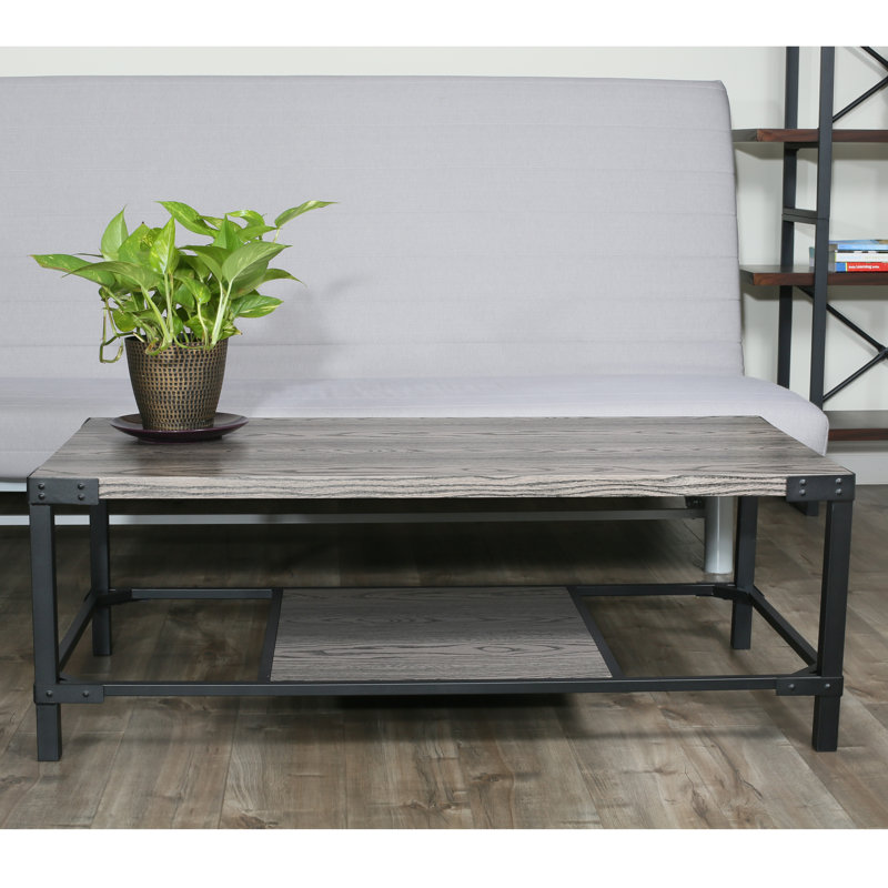 Rustic Rectangular Industrial Coffee Table with Corner Rivet Accents and Storage Shelf, Grey Oak