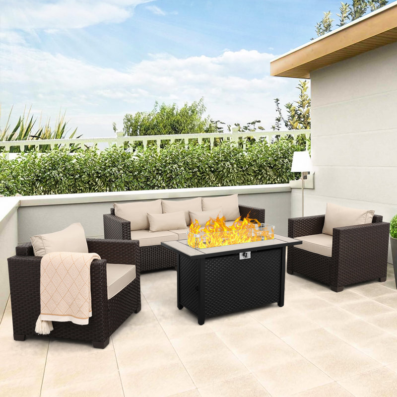 Ensemble de conversation modulaire en osier avec coussins pour l'extérieur, Kaki, Non, Oui
