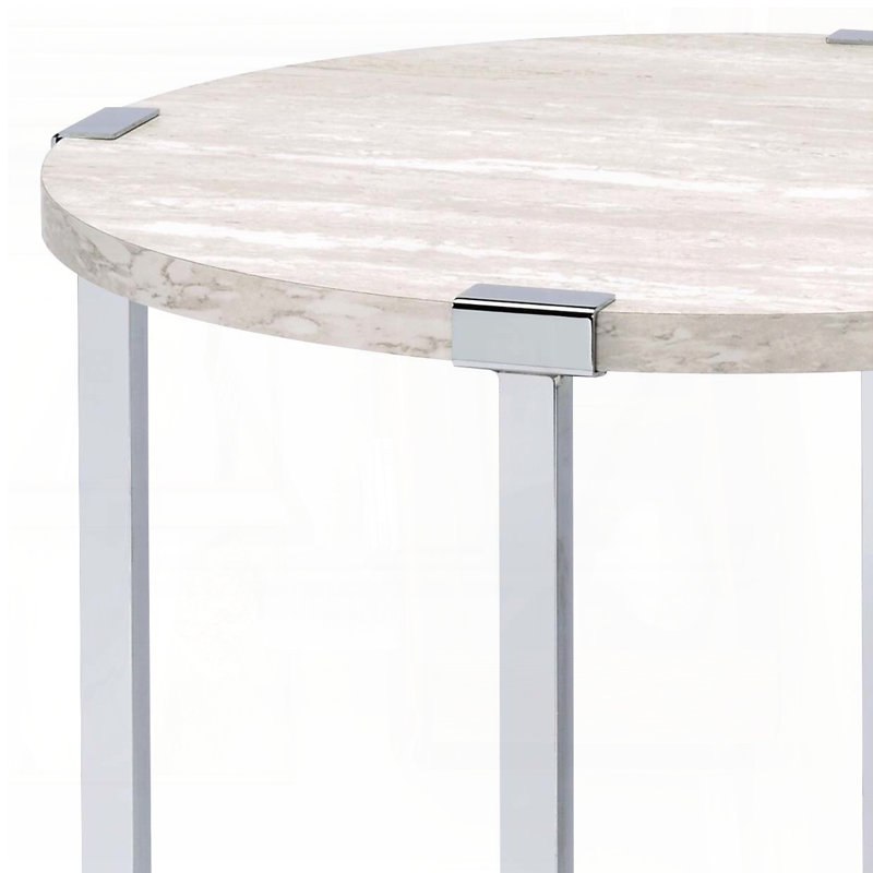Table de bout ronde en bois avec base chromée en forme de X