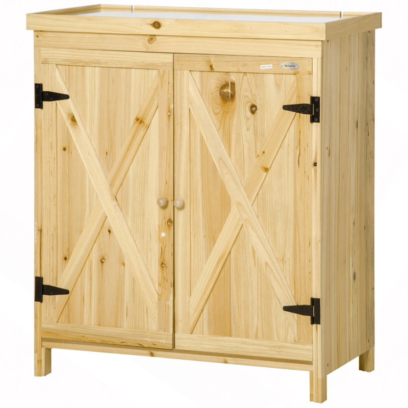Garden Storage Cabinet, Outdoor/Patio Tool Shed With Galvanized Top And Two Shelves For Yard Tools Or Pool Accessories
