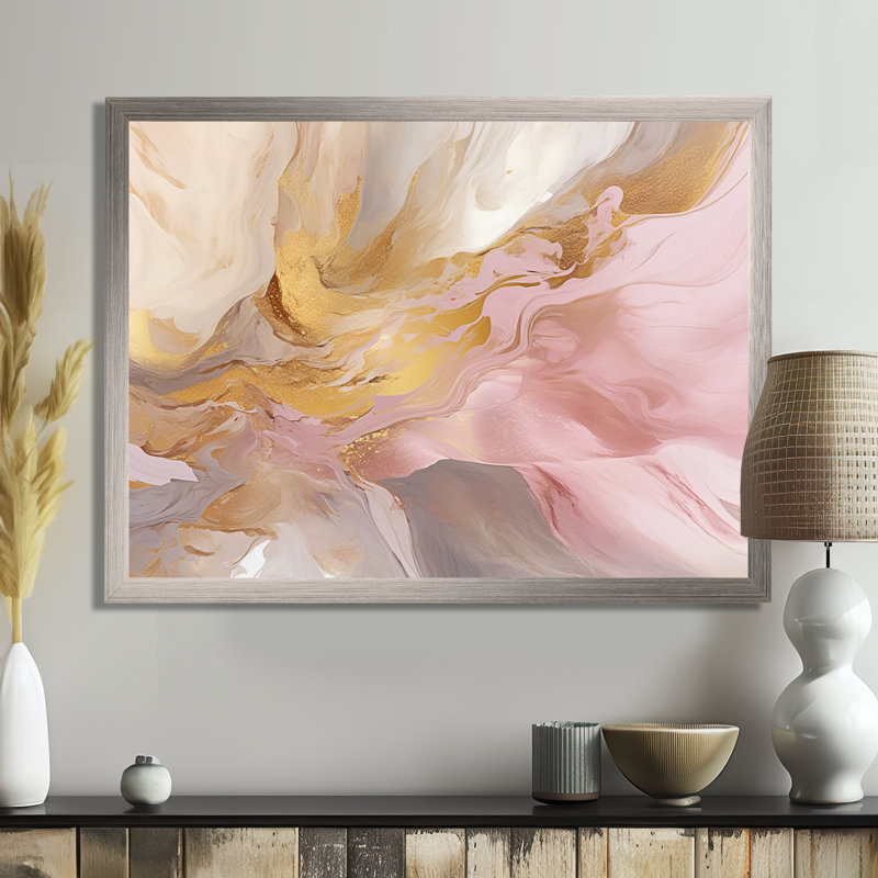 Exquis symphonie abstraite rose et pastel doré - peinture abstraite sur toile, art mural, Cadre simple gris