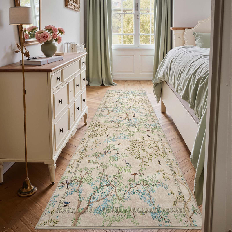 Floral Rug Botanical Birds Print Nature Plants Washable Non-slip Natural Beige/Pink, Runner 3' x 10', Beige/Pink