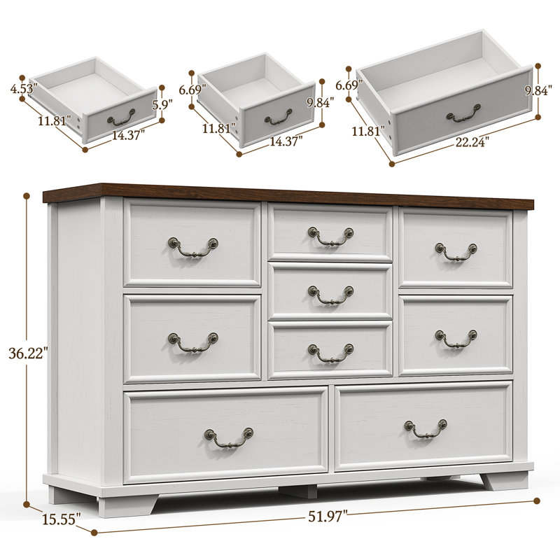 Antique White and Brown Wooden 9-Drawer Dresser with Metal Handles