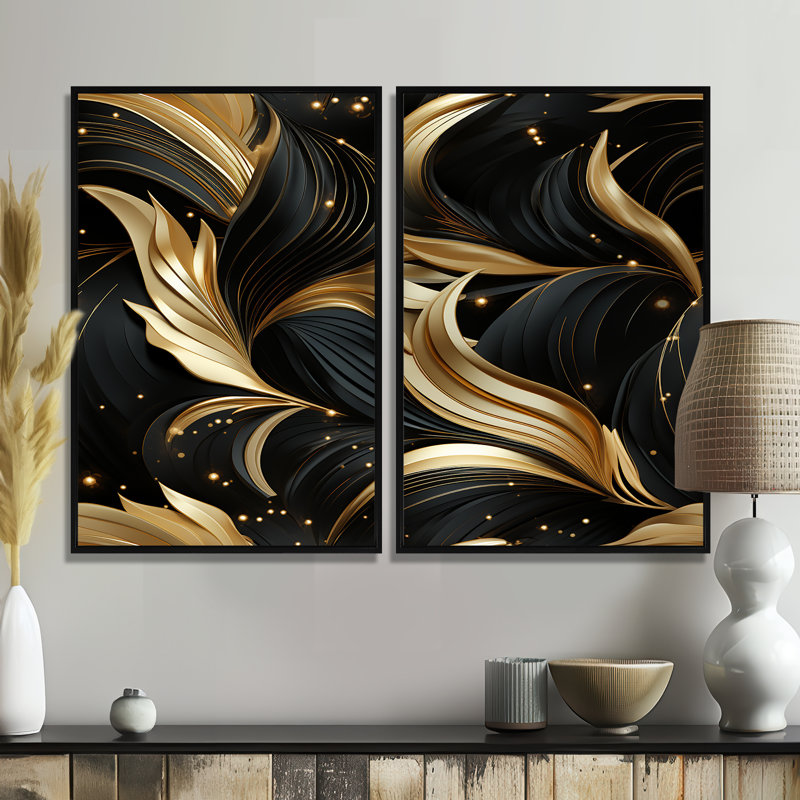 «Midnight Charm» - art mural grand marbre noir et or, Black, 36" H x 48" W, Impression encadrée flottante