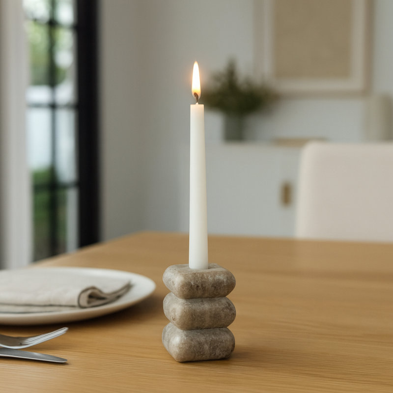 Modern Marble Taper Candle Holder for Tabletop Decor - Decorative Stacked Stone Candlestick Holder for Living Room Decor - 4.75", Beige