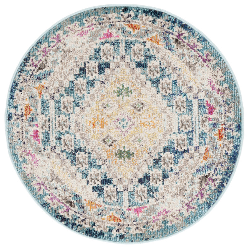 Felty Southwestern Dark Blue/Yellow/Beige Area Rug, Round 3'