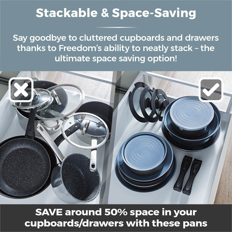 Tower Freedom T800200 13 Piece Cookware Set with Ceramic Coating, Stackable Design and Detachable Handles, Graphite, Aluminium