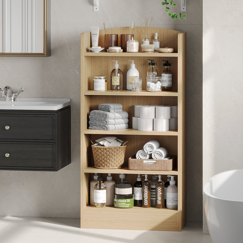 Bibliothèque à 5 tablettes multifonctionnelle en bois moderne avec un design incurvé, un déflecteur anti-poussière et une fabrication robuste pour le bureau à domicile, couleur bois d'ingénierie