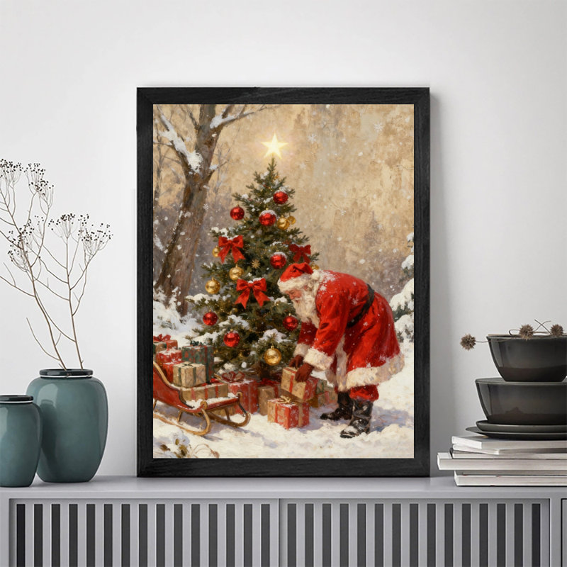 Père Noël noir encadré noir décorant un arbre de Noël, impressions murales de style rétro, H 37 po x l 25 po