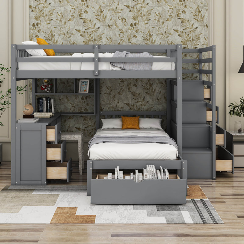 Jefforey Full Over Twin Bunk Bed with Desk, Drawers and Shelves, Gray
