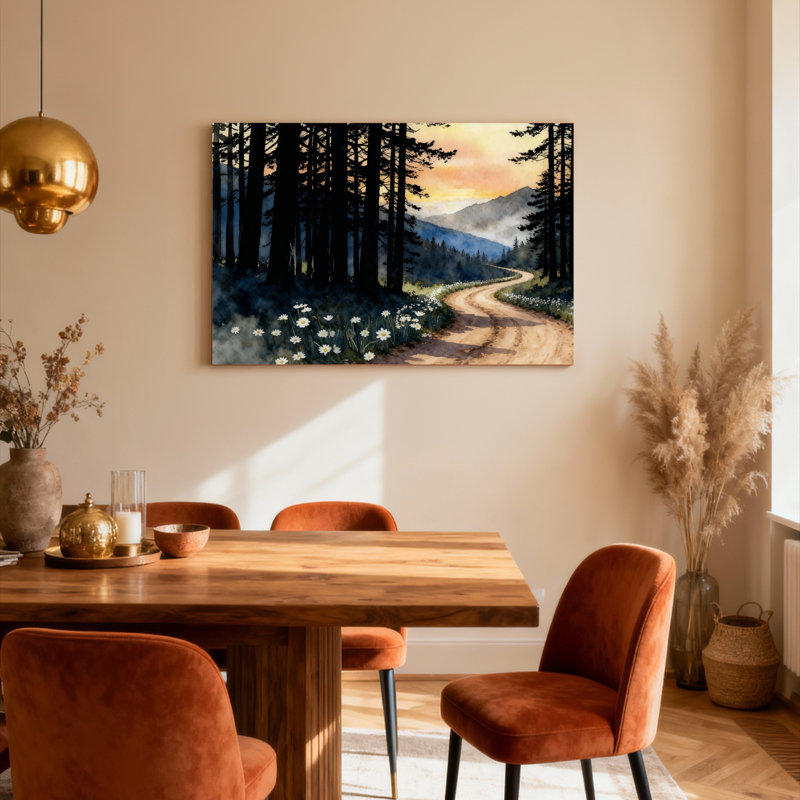 Ensemble de 1 tableau sur toile tendue représentant un paysage de coucher de soleil sur un chemin forestier