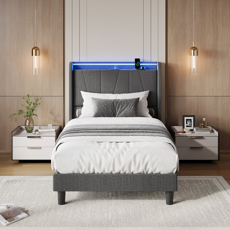 Lit plateforme simple tapissier avec tête de lit et lumières DEL, Lit simple