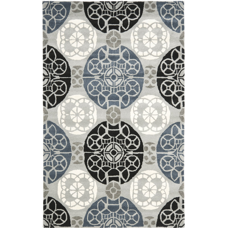 Eaton Wyndham Hand Tufted Wool/Viscose Damask Rug in Blue/Gray/Black, Rectangle 2'6" x 4'