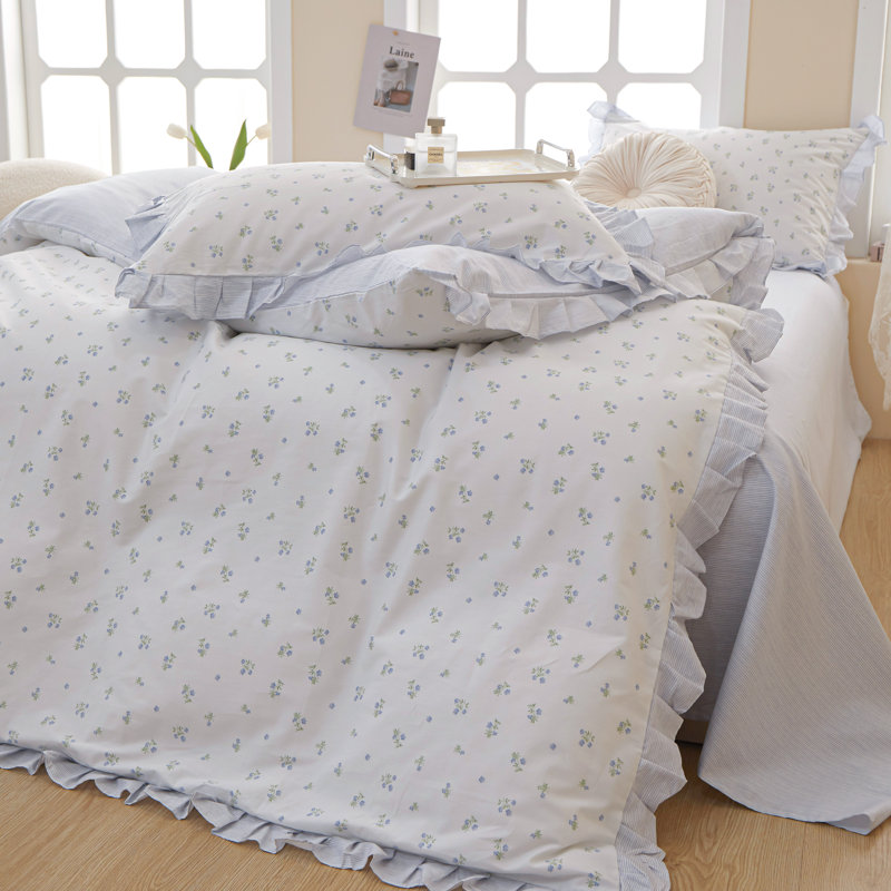 Muti-Floral Pattern Ruffle Laced Cotton Duvet Cover Set, Queen Duvet Cover + 2 Standard Pillowcases, Bluish Violet Floral