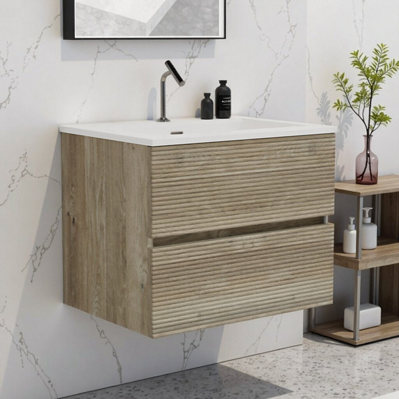 Meuble-lavabo flottant 24 po avec lavabo intégré - finition chêne texturé moderne, tiroirs à fermeture en douceur et rangement écologique