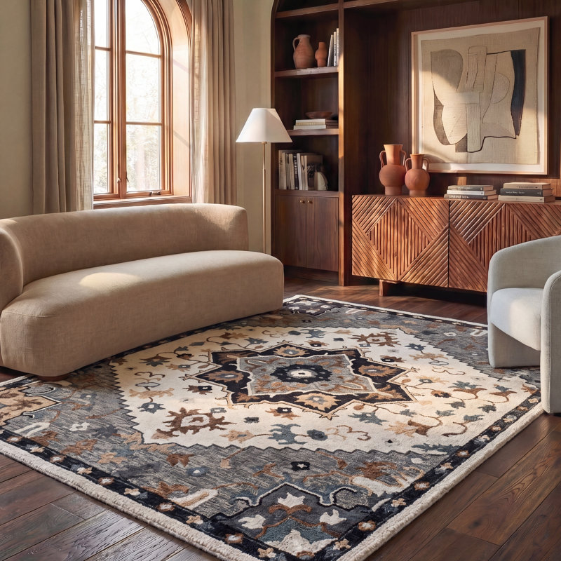 Heritage Handtufted Wool Cotton Oriental Rug in Ivory/Gray, Rectangle 8' x 10'