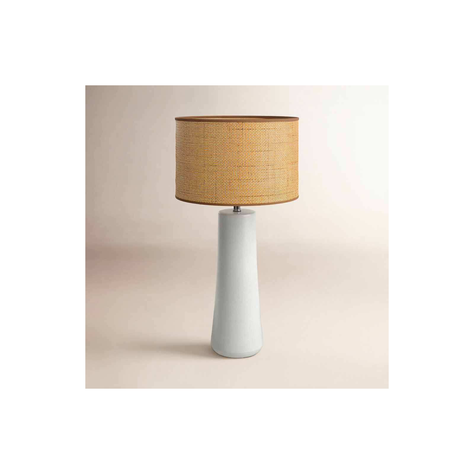 Piazza Ceramic Table Lamp, White, Natural Rattan w. Beige Trim, 30''H x 16''W x 16''D