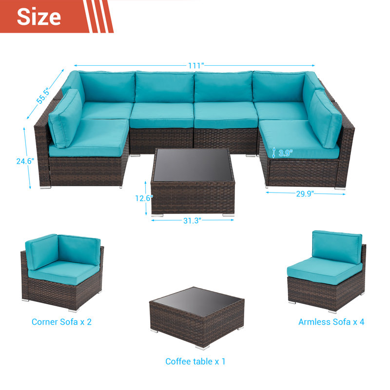Adalicia 6 - Person Modular Patio Conversation Set with Cushions, Lake Blue
