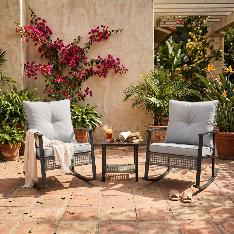 3-Piece Rattan Rocking Bistro Set with Double-Tier Table - Outdoor Water Resistant Patio Set, Grey