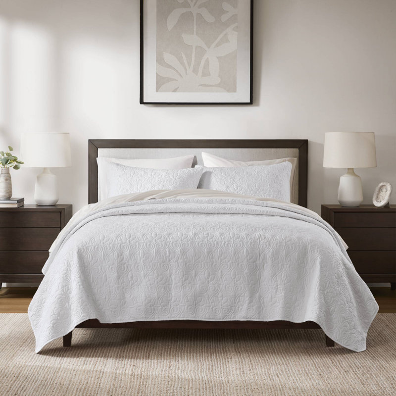 Ensemble de couvre-lit réversible Québec, Couvre-lit de très grande taille et 2 taies déco, Blanc
