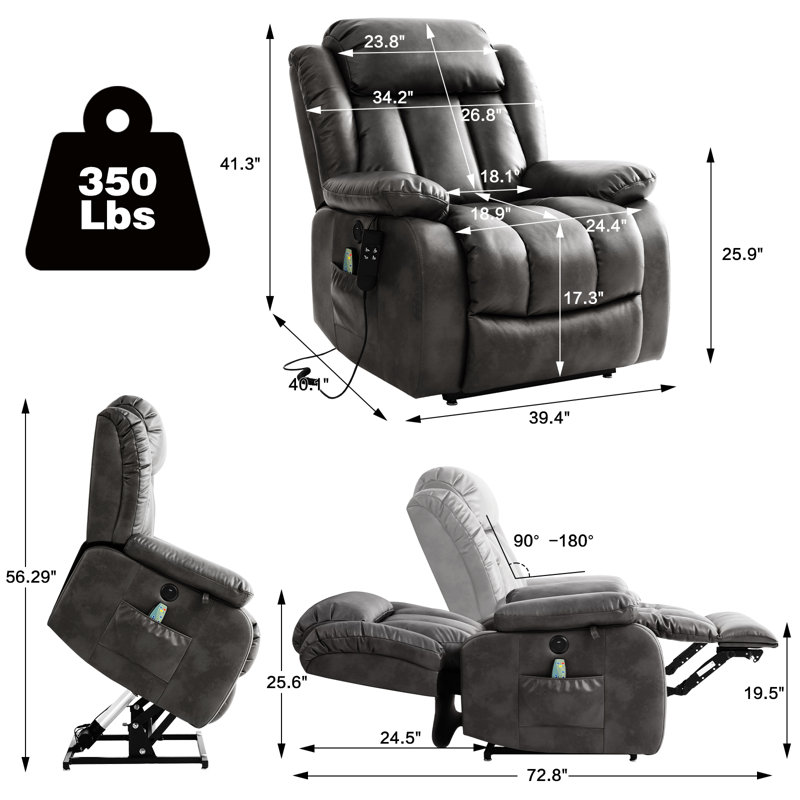 Infinite Position Dual Motor Power Lift Recliner Chair Leather Chair with USB, Heat and Massage, Silver Gray