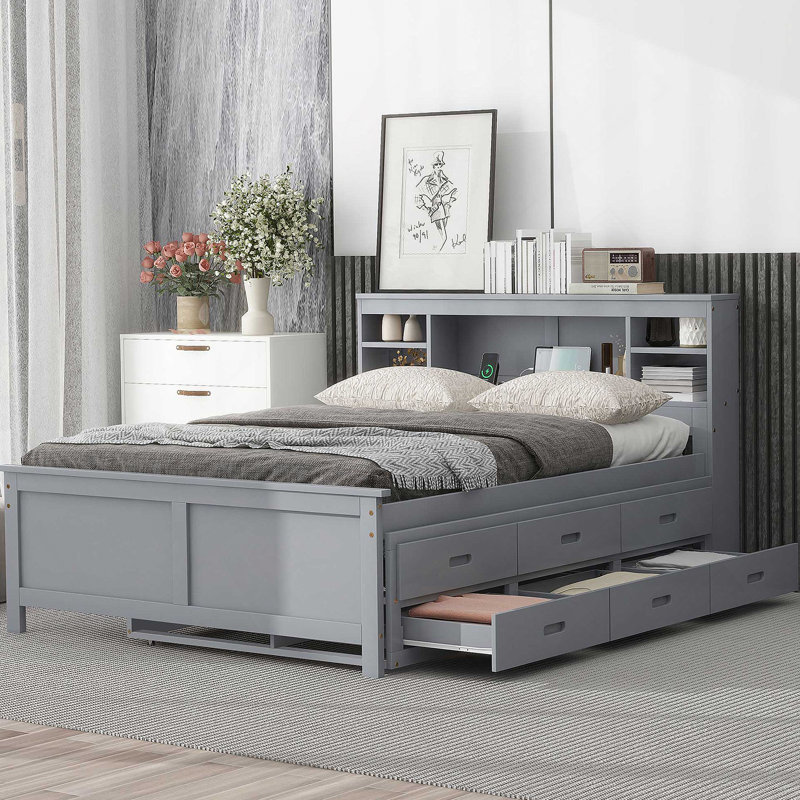 Lit plateforme avec tête de lit, USB, lit gigogne et 3 tiroirs, Gris, Double