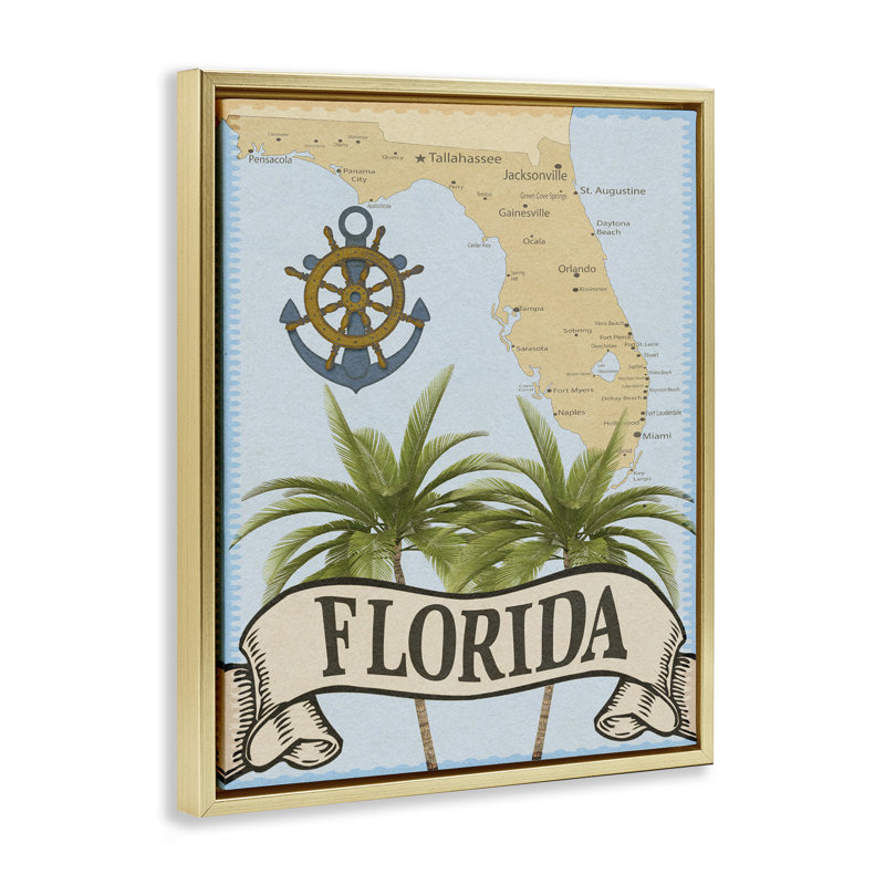 Florida Map Palm Trees Floating Frame, design by Marcus Prime, 31" H x 25" W, Metallic Gold Floater Frame