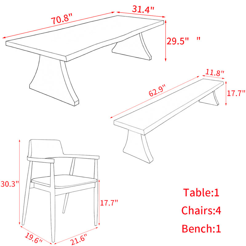 American style solid wood dining table set., 29.5"H x 70.8"L x 31.4"W, 6 Pieces: Table, Bench, 4 Chairs