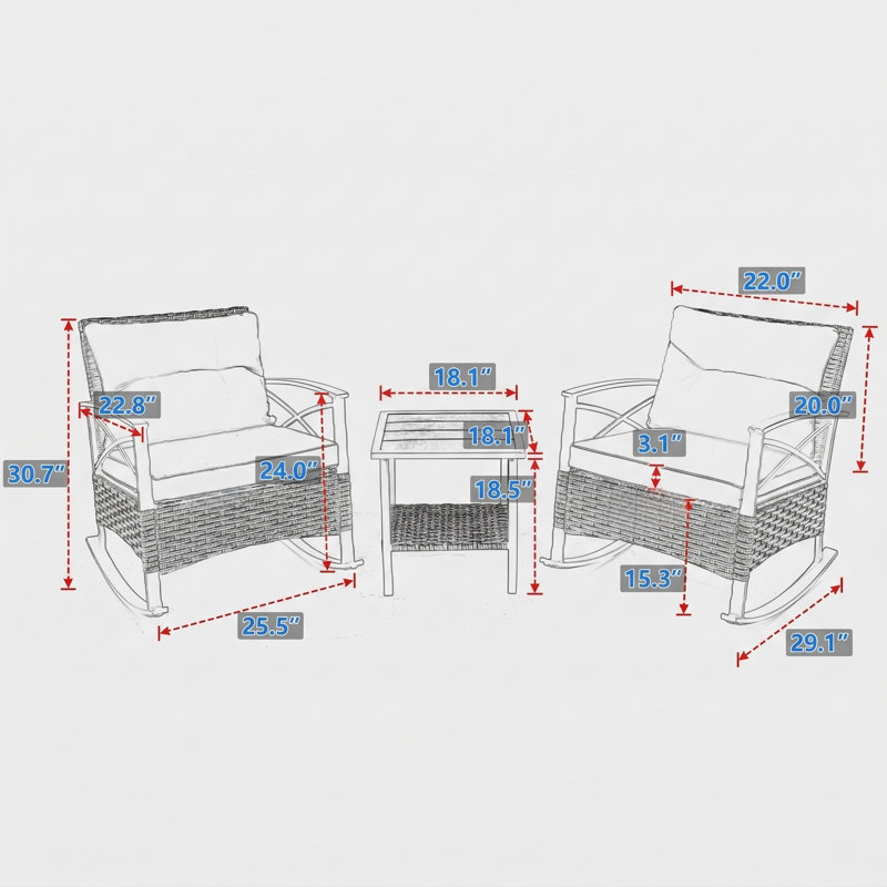 Un ensemble de 3 chaises berçantes en rotin pour un usage récréatif. Conception en gros avec une finition grise.