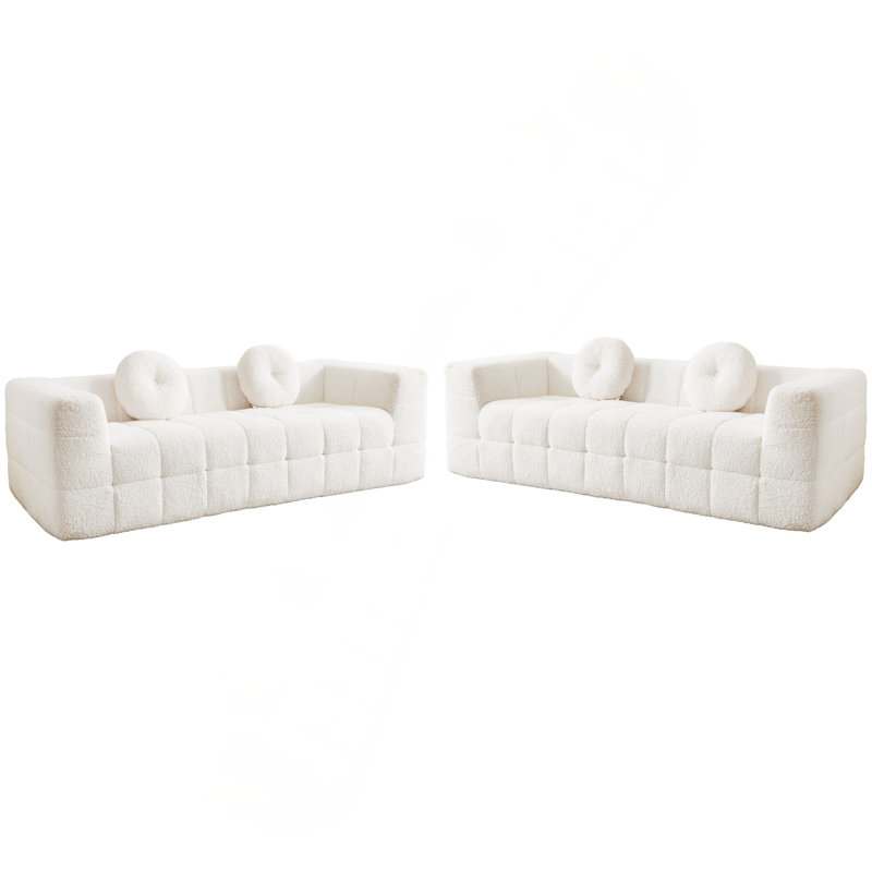 Canapé moderne désossé avec coussins décoratifs circulaires, tissu en polyester à poils longs texturé litchi doux pour la peau, tissu à carreaux